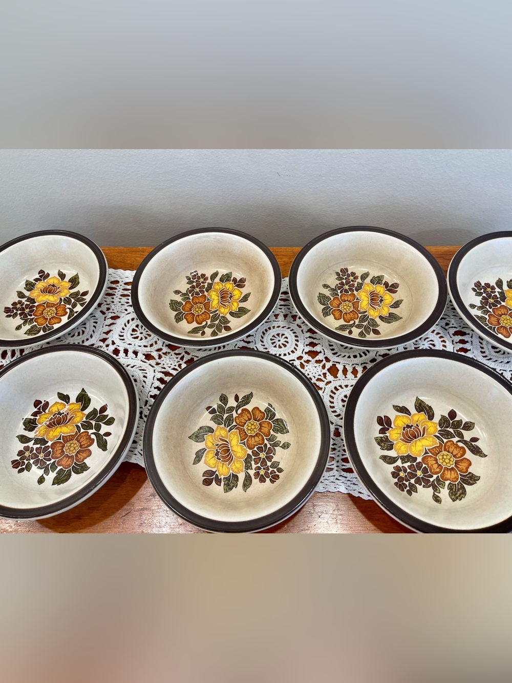Vintage Floral Stoneware Bowl Set in Yellow and Brown